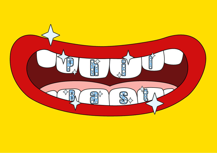 illustration bouche ouverte avec strass sur les dents et étoiles