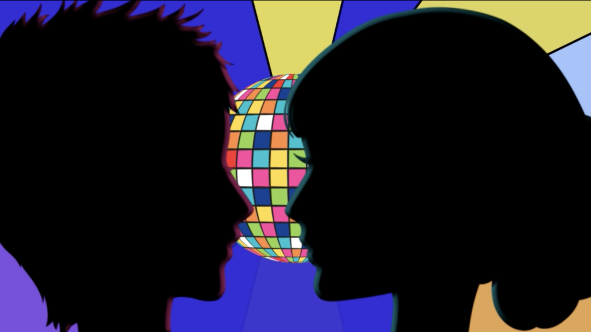 Dessins silhouette homme et femme devant boule disco