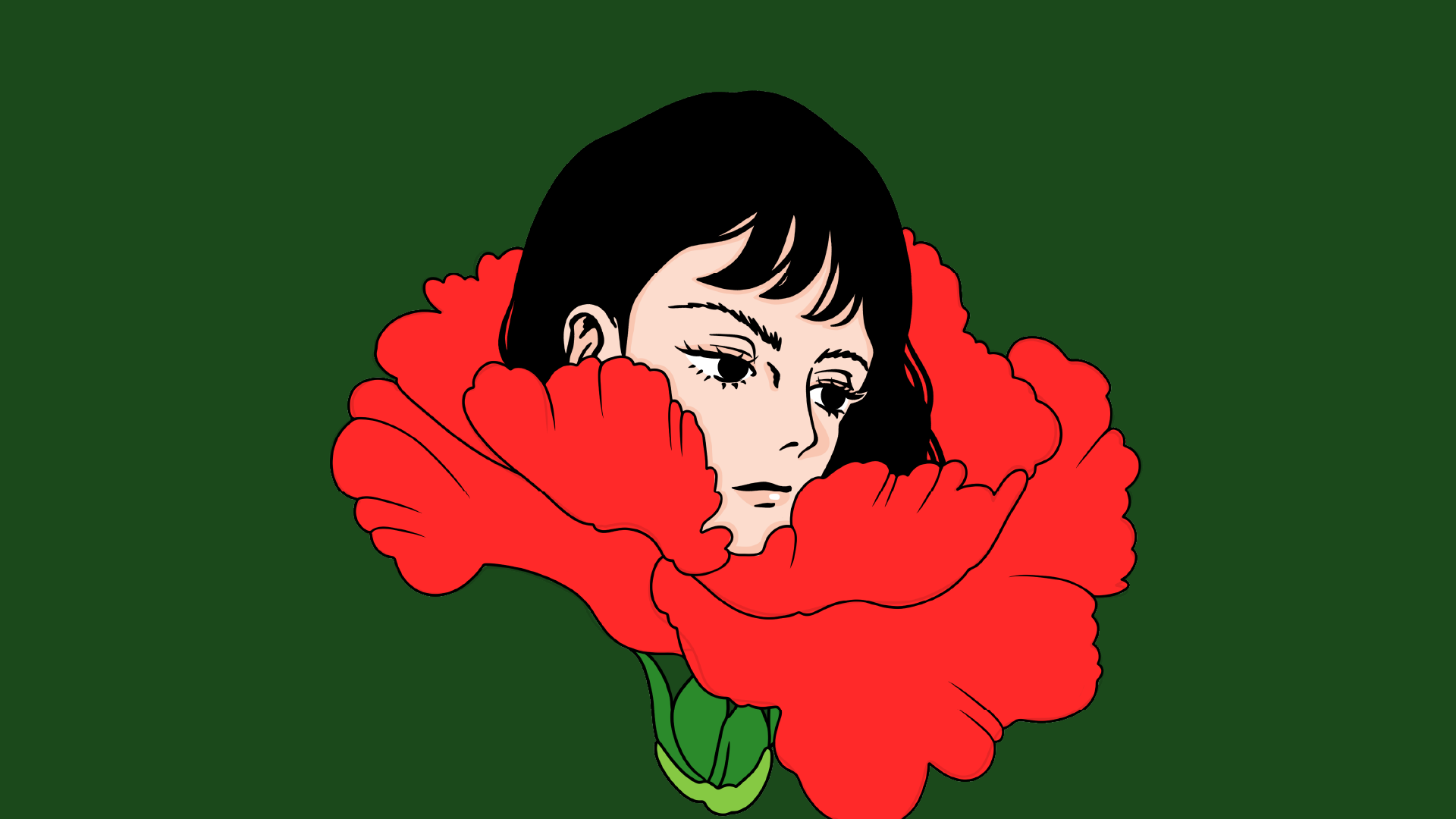 Dessin tête femme dans une fleur rouge